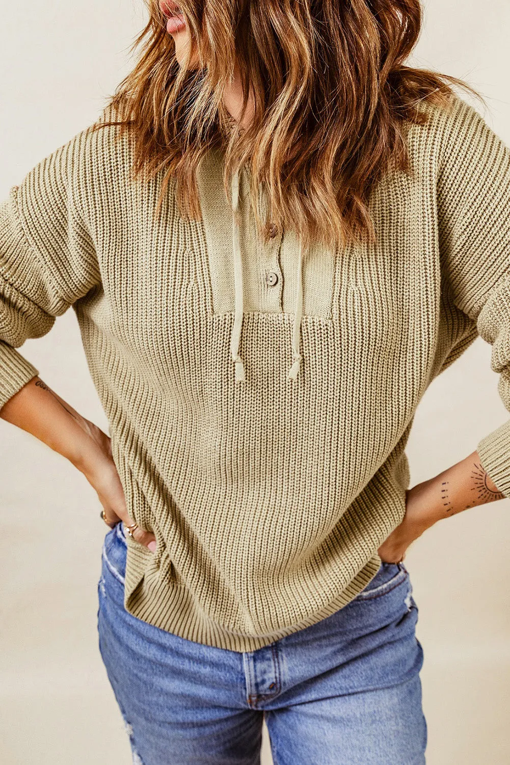 Henley V Neck Hooded Sweater