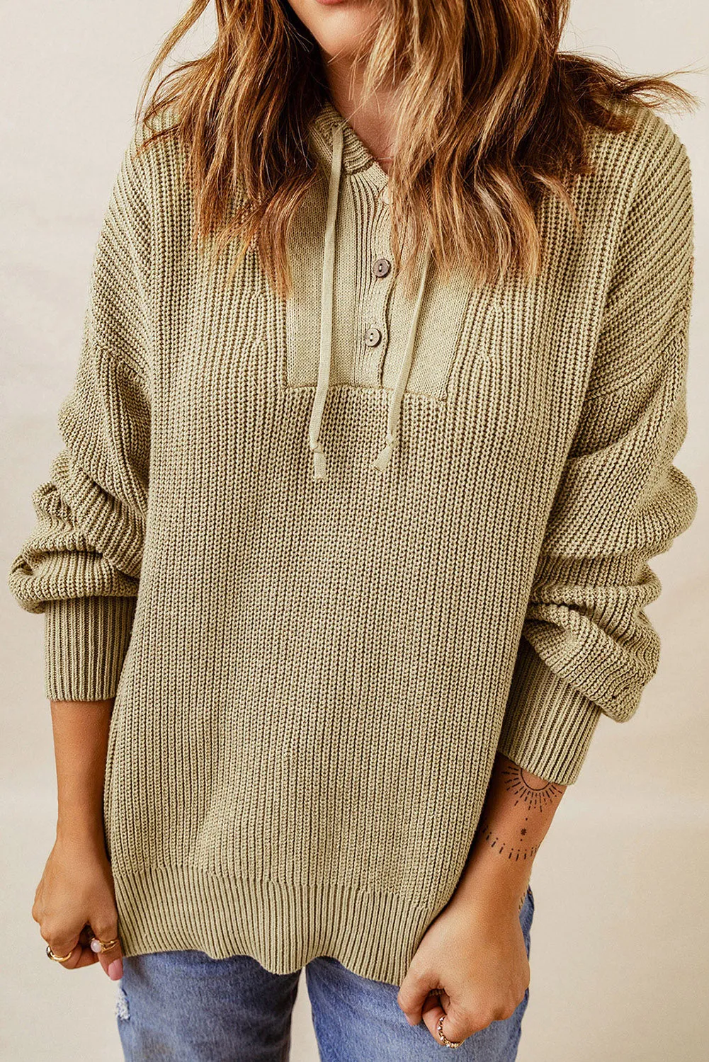 Henley V Neck Hooded Sweater