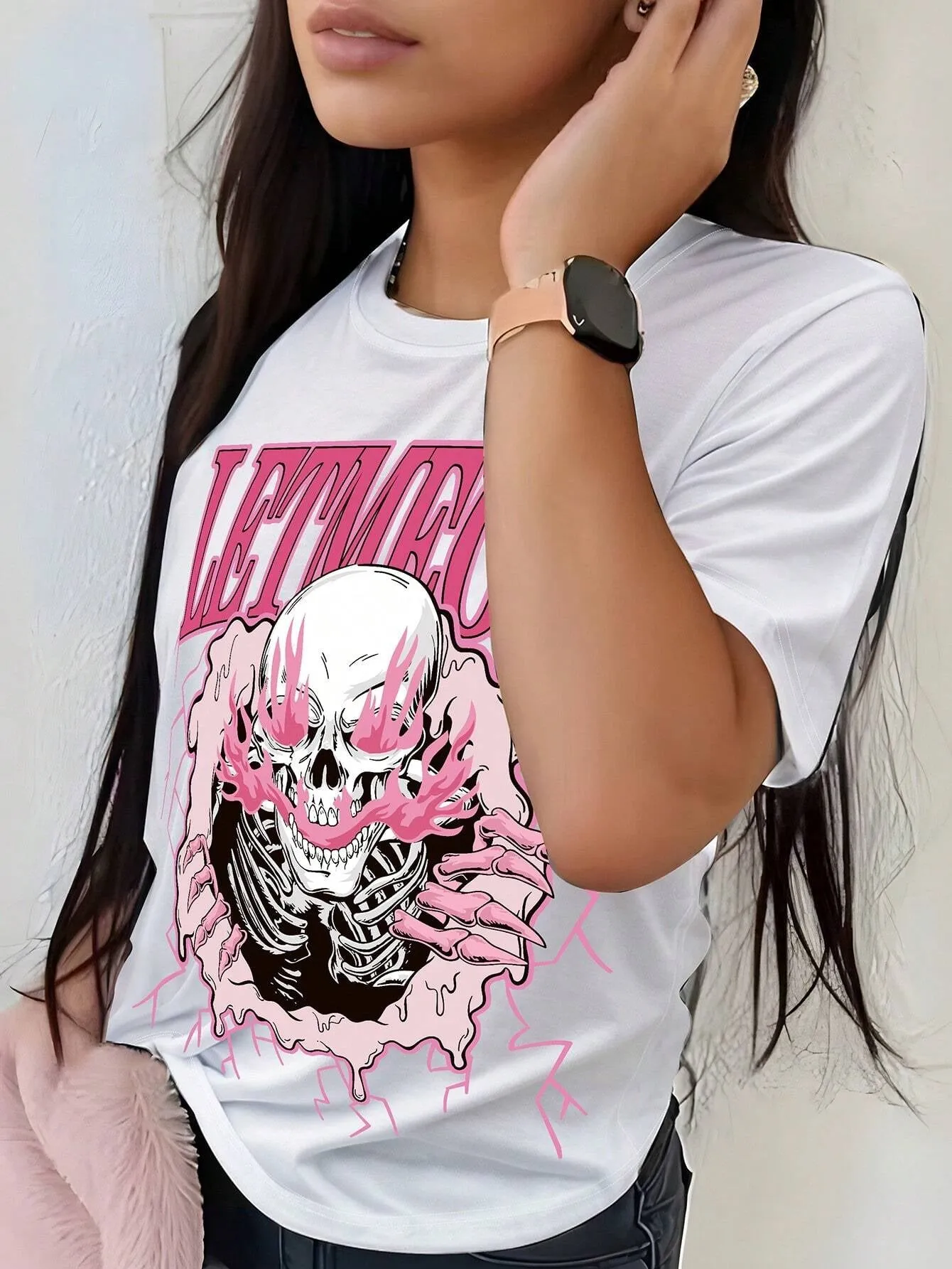 INAWLY Women'S Loose Casual Skull & English Letter Print round Neck Short Sleeve T-Shirt, Summer Graphic Tees Women Tops