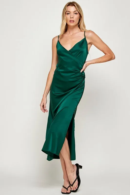 JAYE RUCHED WRAP SATIN MIDI DRESS