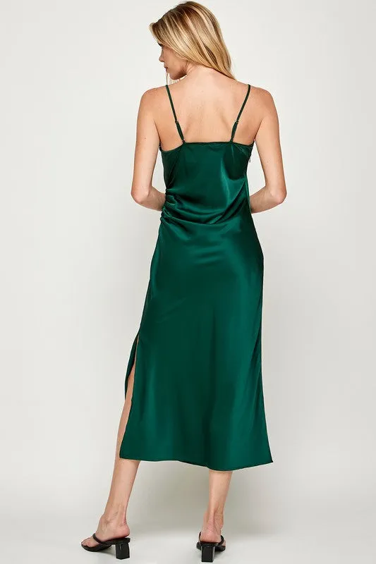 JAYE RUCHED WRAP SATIN MIDI DRESS