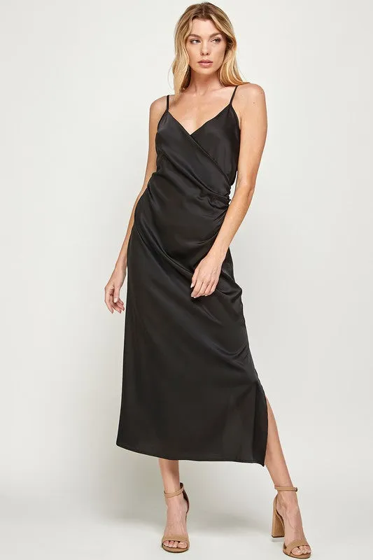 JAYE RUCHED WRAP SATIN MIDI DRESS