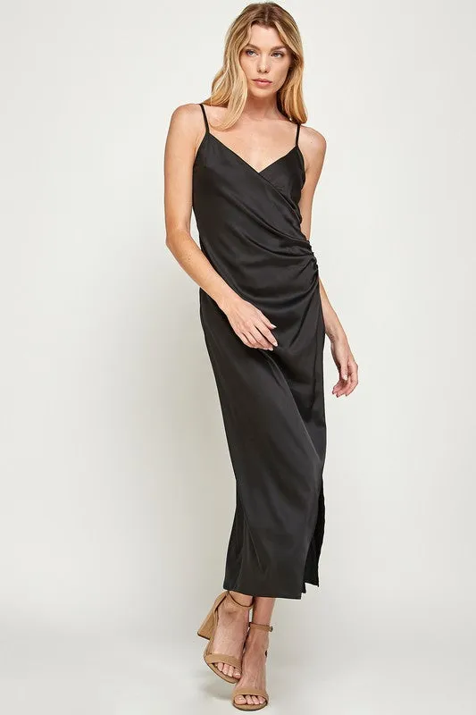JAYE RUCHED WRAP SATIN MIDI DRESS