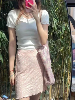 JazzHer Floral Print Bow Mini Skirts Cute Fairycore Slim Lace Trim Summer A-line Women Y2K Skirts Vintage Sweet Preppy Style Clothes