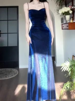 JazzHer Gorgeous Sheath Spaghetti Straps Navy Blue Long Evening Dress Prom Dresses Birthday Outfits (PRE-ORDER)