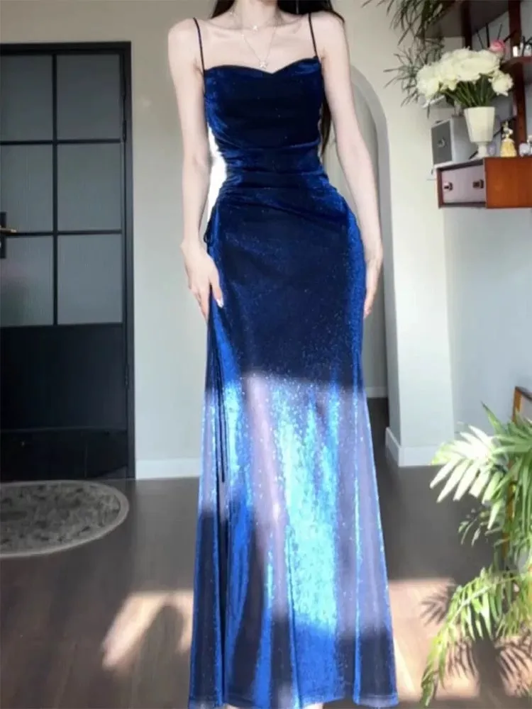 JazzHer Gorgeous Sheath Spaghetti Straps Navy Blue Long Evening Dress Prom Dresses Birthday Outfits (PRE-ORDER)
