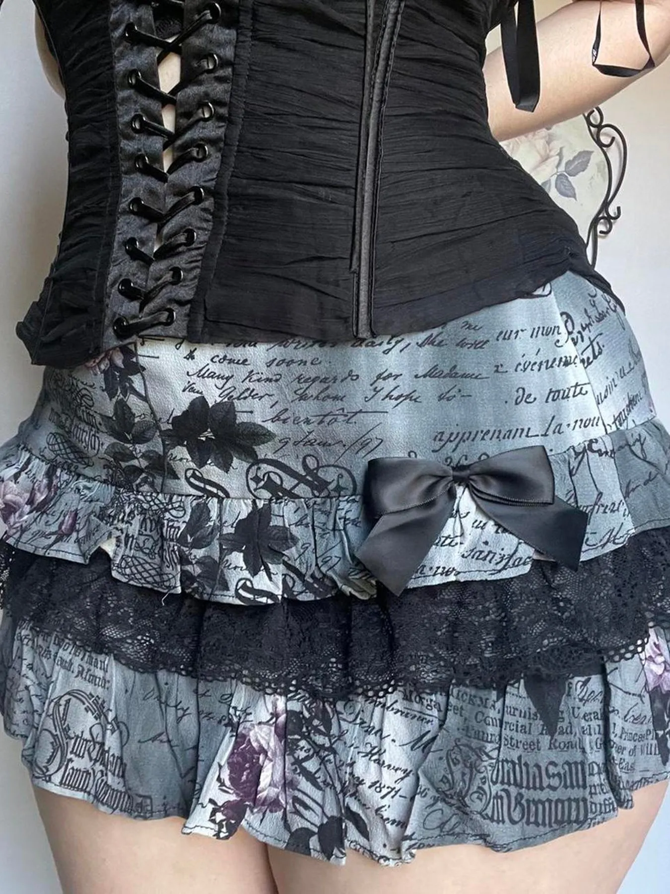 JazzHer Gothic Dark Y2k Skirt Women Streetwear Vintage Letters Printed Bow Patchowrk Cake Skirt Emo Alternative Hotsweet Skirts