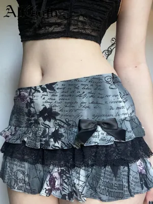 JazzHer Gothic Dark Y2k Skirt Women Streetwear Vintage Letters Printed Bow Patchowrk Cake Skirt Emo Alternative Hotsweet Skirts