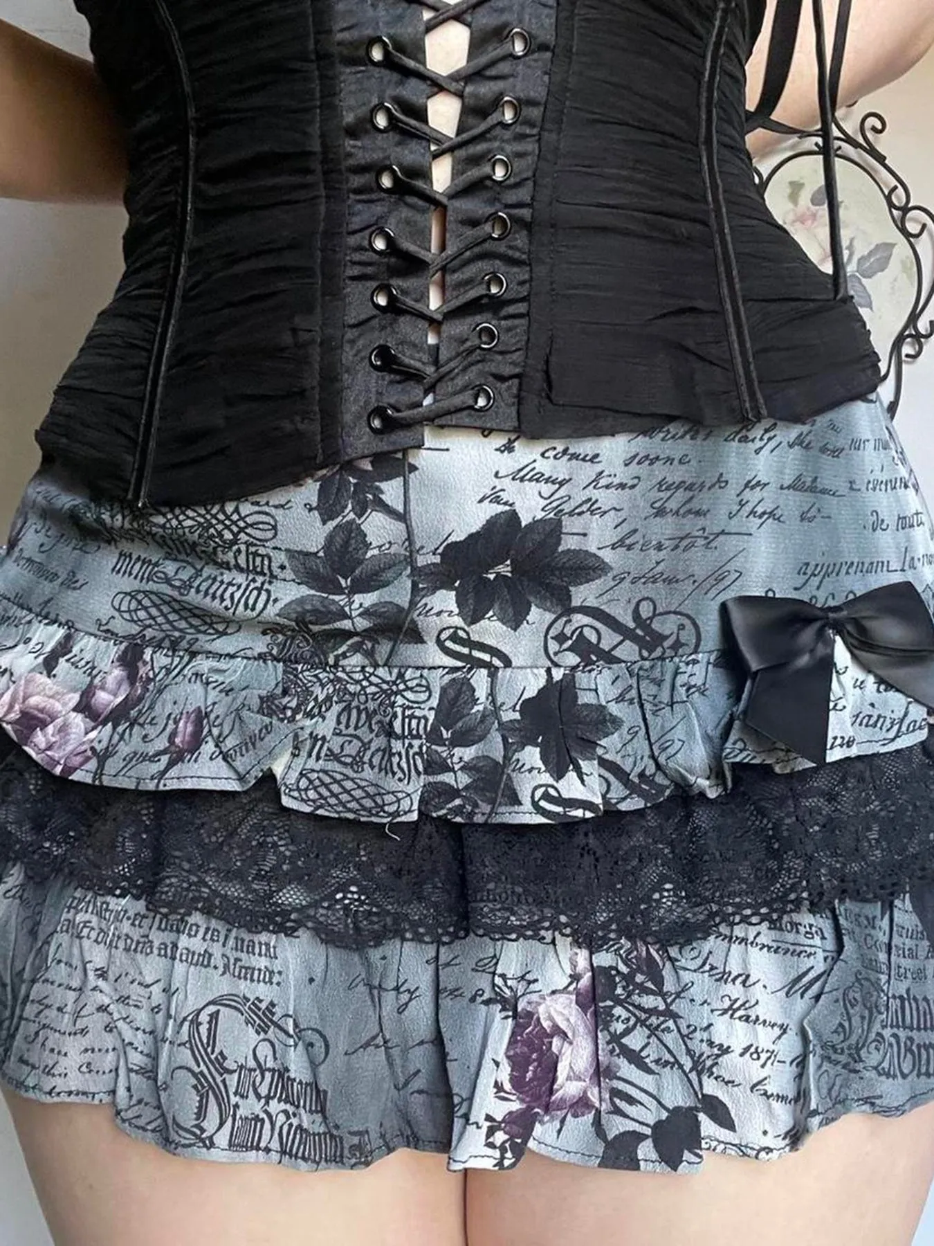 JazzHer Gothic Dark Y2k Skirt Women Streetwear Vintage Letters Printed Bow Patchowrk Cake Skirt Emo Alternative Hotsweet Skirts