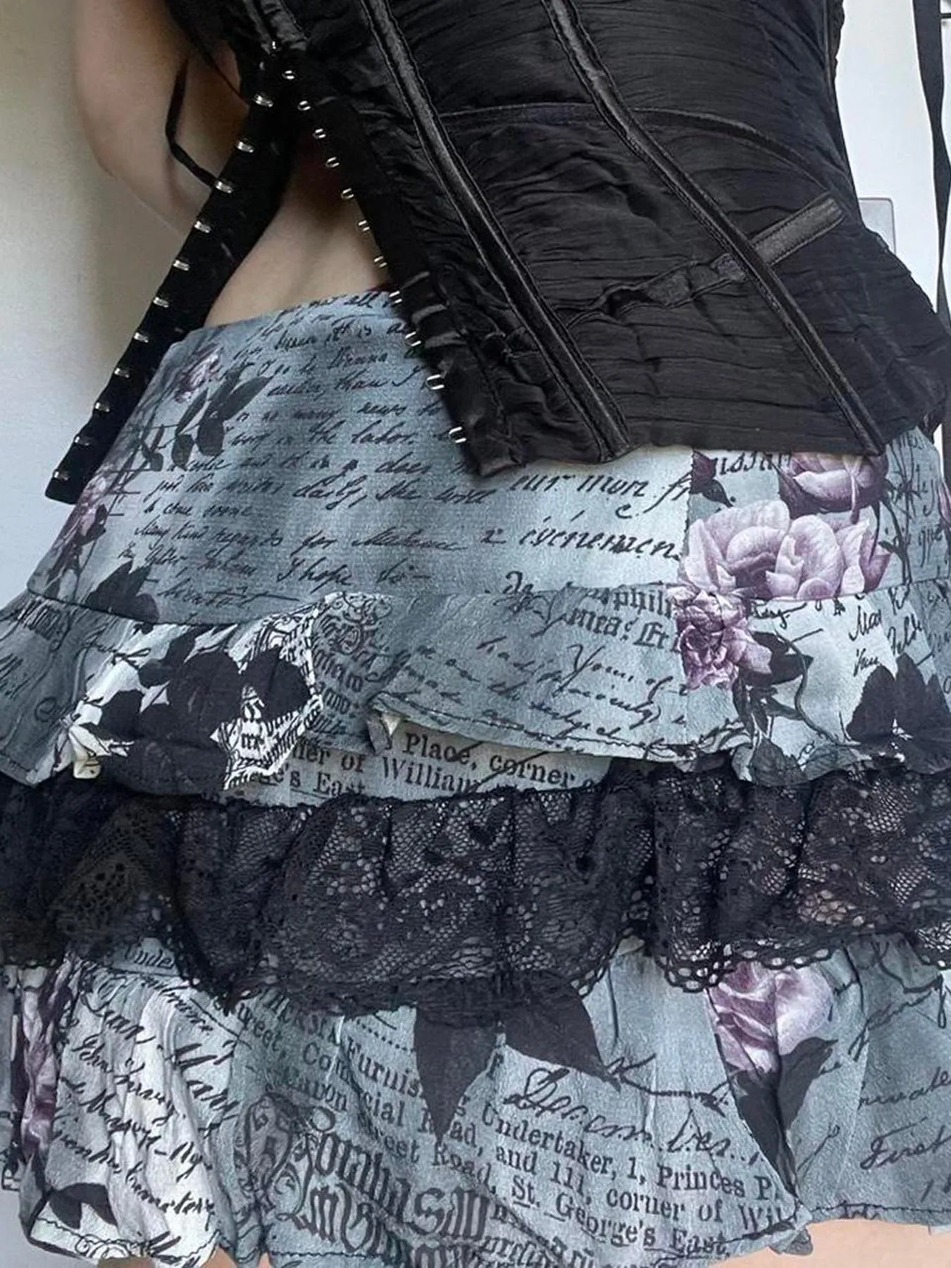 JazzHer Gothic Dark Y2k Skirt Women Streetwear Vintage Letters Printed Bow Patchowrk Cake Skirt Emo Alternative Hotsweet Skirts