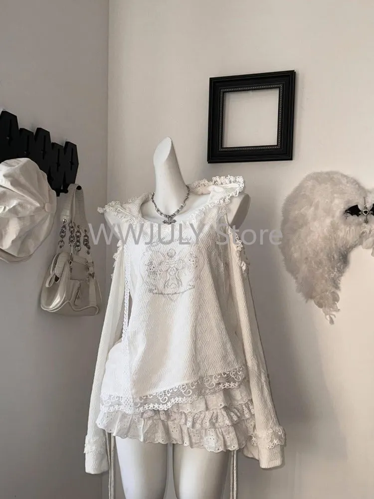 JazzHer Harajuku Sweet Lace Embroidery Ruffles Hoodie Tops Women  High Waist Ruched Cake Skirts 2025 Autumn New Two Piece Sets