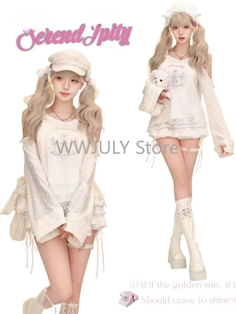 JazzHer Harajuku Sweet Lace Embroidery Ruffles Hoodie Tops Women  High Waist Ruched Cake Skirts 2025 Autumn New Two Piece Sets