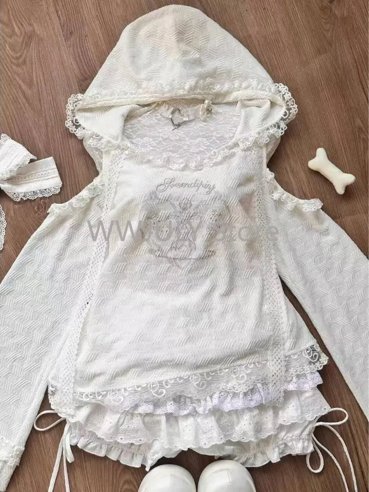 JazzHer Harajuku Sweet Lace Embroidery Ruffles Hoodie Tops Women  High Waist Ruched Cake Skirts 2025 Autumn New Two Piece Sets