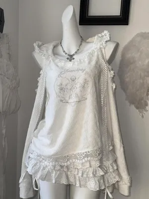 JazzHer Harajuku Sweet Lace Embroidery Ruffles Hoodie Tops Women  High Waist Ruched Cake Skirts 2025 Autumn New Two Piece Sets