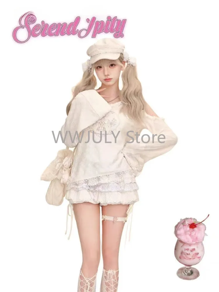 JazzHer Harajuku Sweet Lace Embroidery Ruffles Hoodie Tops Women  High Waist Ruched Cake Skirts 2025 Autumn New Two Piece Sets