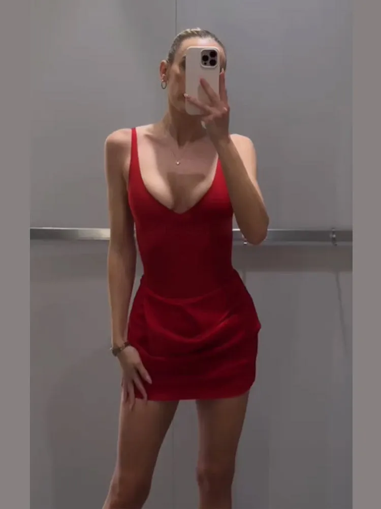 JazzHer Sexy Women Summer Red 2pcs Skirts Set Fashion V Neck Sleeveless Backless Slim Fit Short Top Suits Chic Pleat Mini Skirts Set New