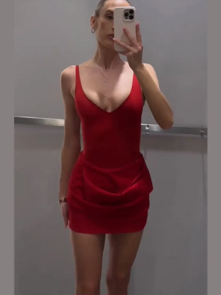 JazzHer Sexy Women Summer Red 2pcs Skirts Set Fashion V Neck Sleeveless Backless Slim Fit Short Top Suits Chic Pleat Mini Skirts Set New
