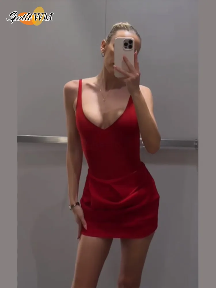 JazzHer Sexy Women Summer Red 2pcs Skirts Set Fashion V Neck Sleeveless Backless Slim Fit Short Top Suits Chic Pleat Mini Skirts Set New