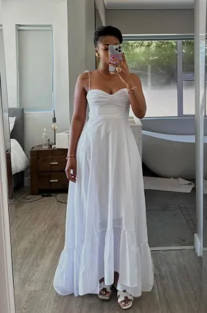 JazzHer Simple A line Spaghetti Straps White Sleeveless Long Prom Dress Formal Evening Dresses BD  (PRE-ORDER)