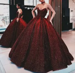 JazzHer Vintage Ball Gown Strapless Burgundy Sequin Long Length Prom Dresses Birthday Outfits (PRE-ORDER)
