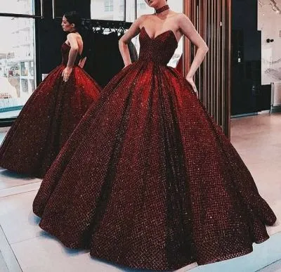 JazzHer Vintage Ball Gown Strapless Burgundy Sequin Long Length Prom Dresses Birthday Outfits (PRE-ORDER)