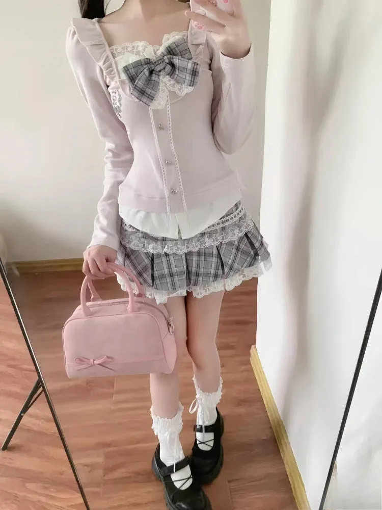 JazzHer Woman Japanese Kawaii Preppy Style Skirt Sets Sweet Lace Patchwork Bow Tops Y2k Plaid Mini Skirts Female Elegant Lolita Outifits