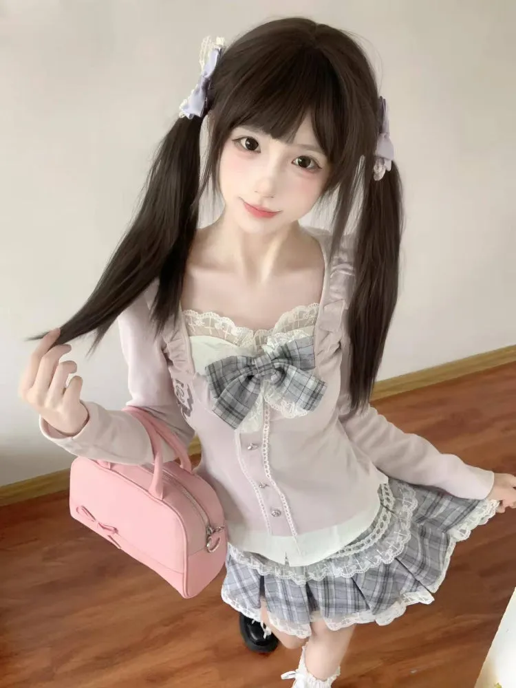 JazzHer Woman Japanese Kawaii Preppy Style Skirt Sets Sweet Lace Patchwork Bow Tops Y2k Plaid Mini Skirts Female Elegant Lolita Outifits