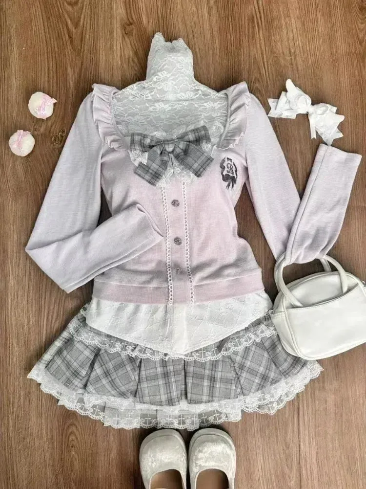 JazzHer Woman Japanese Kawaii Preppy Style Skirt Sets Sweet Lace Patchwork Bow Tops Y2k Plaid Mini Skirts Female Elegant Lolita Outifits