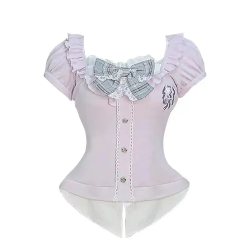 JazzHer Woman Japanese Kawaii Preppy Style Skirt Sets Sweet Lace Patchwork Bow Tops Y2k Plaid Mini Skirts Female Elegant Lolita Outifits