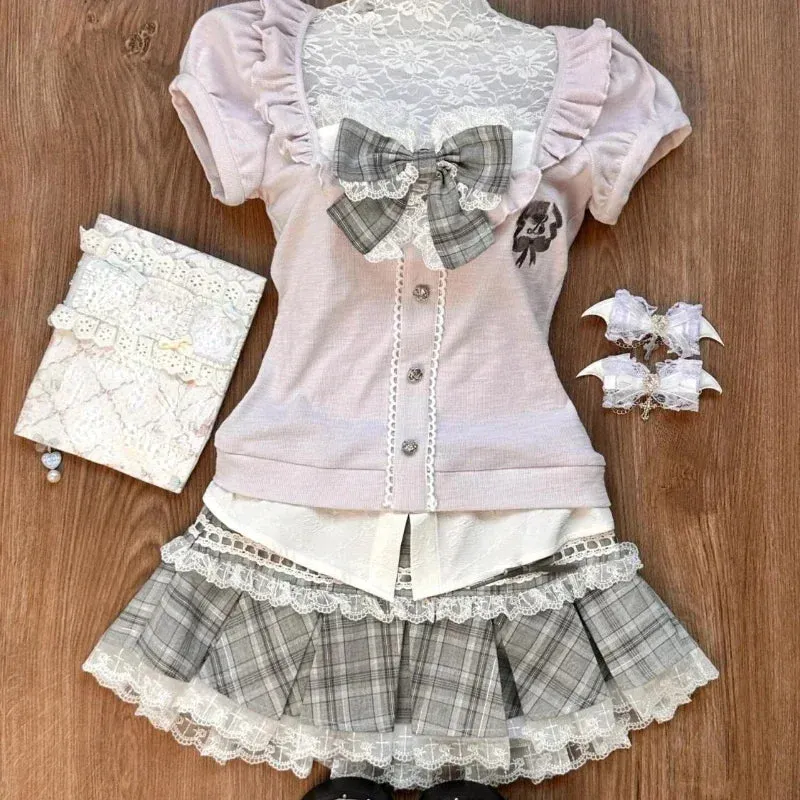 JazzHer Woman Japanese Kawaii Preppy Style Skirt Sets Sweet Lace Patchwork Bow Tops Y2k Plaid Mini Skirts Female Elegant Lolita Outifits
