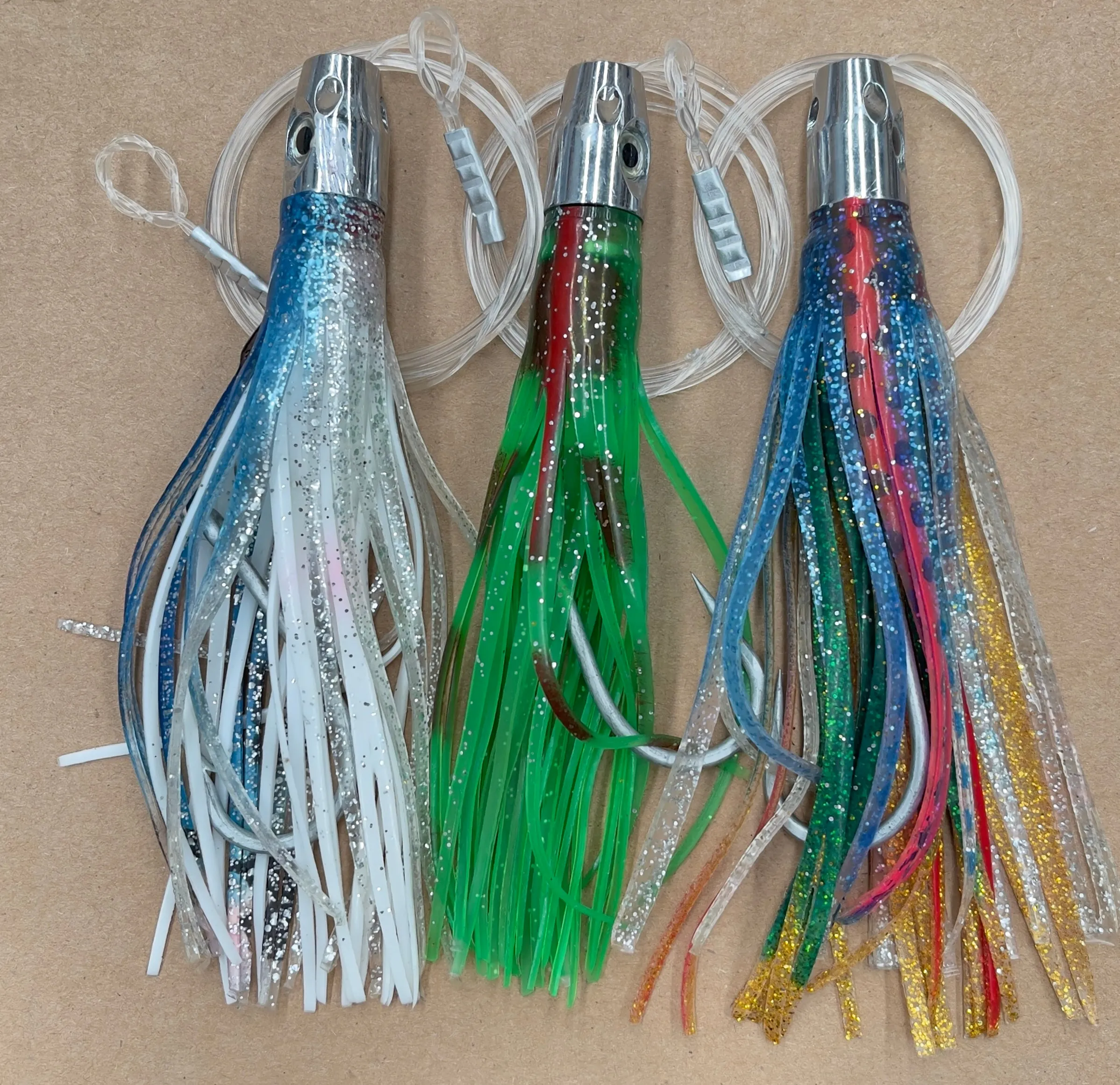 Jet Head Rigged skirts 3 colours, 150lb premium mono leader, 6/0 PS steel hook