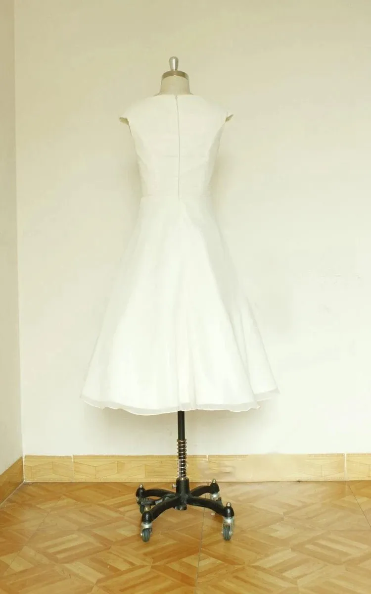 Jewel Cap Sleeve Zipper Back Tea-Length Satin Wedding Dresses
