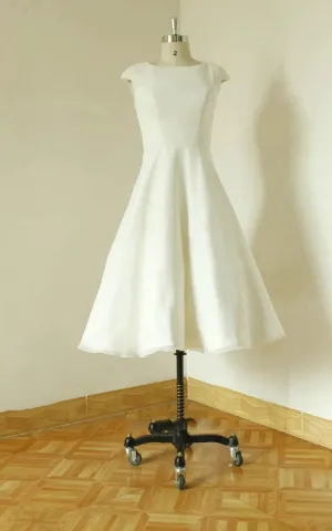 Jewel Cap Sleeve Zipper Back Tea-Length Satin Wedding Dresses