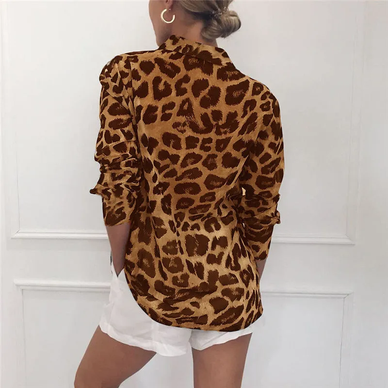 Kassie - Classy long-sleeved leopard print blouse Turn Down Collar