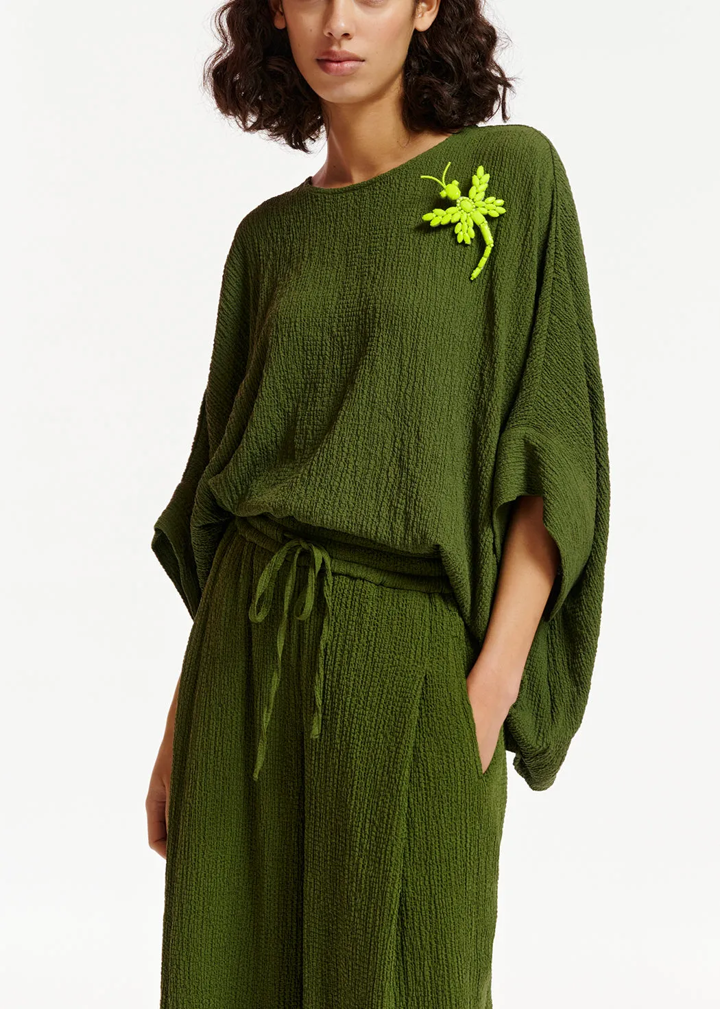 Khaki oversized seersucker top