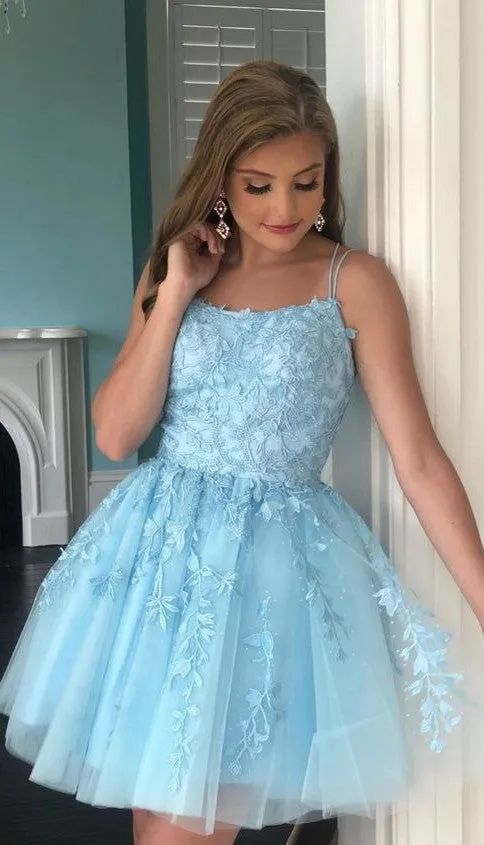 Knee Length Blue Square Neckline Homecoming Dress