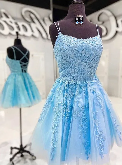 Knee Length Blue Square Neckline Homecoming Dress