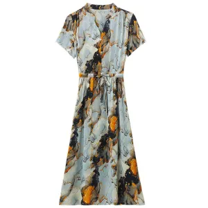 Knee-Length Floral Print Dress with Tie Front