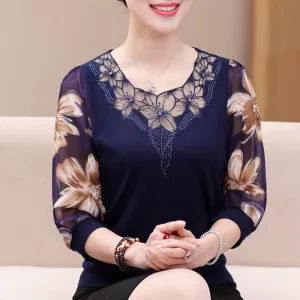 Lace Blouse Older Women blouse Mesh Hollow Out 2020 New Half Sleeve blusa Printed Plus Size Knit stitching Chiffon tops 901F
