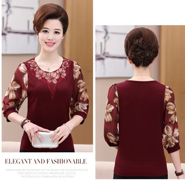 Lace Blouse Older Women blouse Mesh Hollow Out 2020 New Half Sleeve blusa Printed Plus Size Knit stitching Chiffon tops 901F