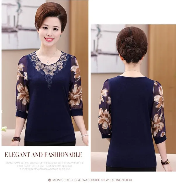 Lace Blouse Older Women blouse Mesh Hollow Out 2020 New Half Sleeve blusa Printed Plus Size Knit stitching Chiffon tops 901F