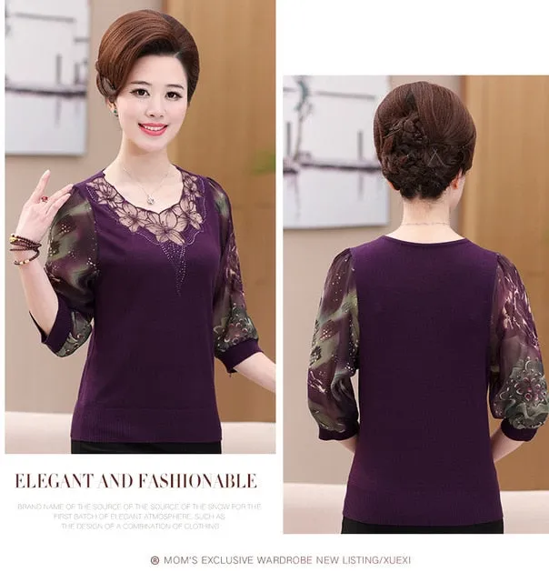 Lace Blouse Older Women blouse Mesh Hollow Out 2020 New Half Sleeve blusa Printed Plus Size Knit stitching Chiffon tops 901F