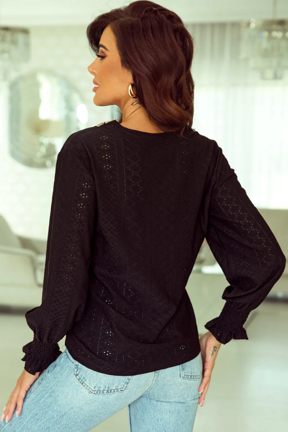 Lace Panel V Neck Ruffle Eyelet Blouse