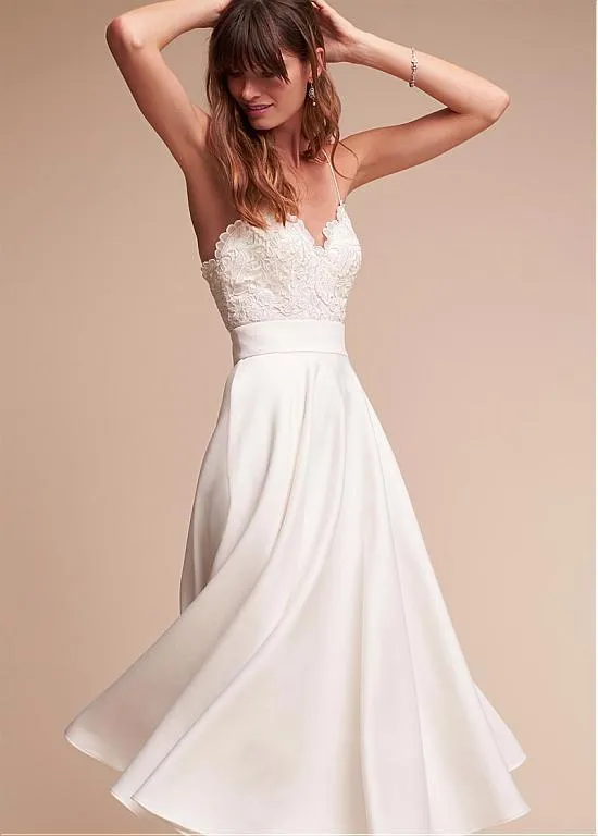 Lace Satin Tea-length Wedding Gown with Thin Straps vestido corto de novia