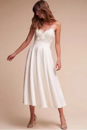 Lace Satin Tea-length Wedding Gown with Thin Straps vestido corto de novia