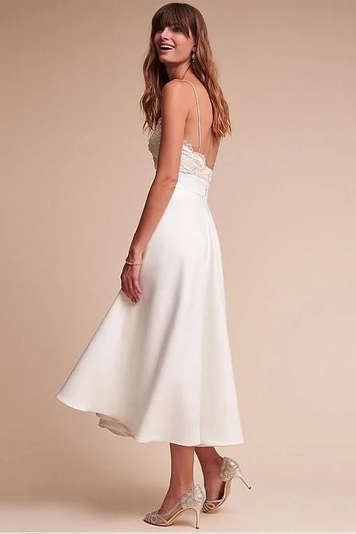 Lace Satin Tea-length Wedding Gown with Thin Straps vestido corto de novia