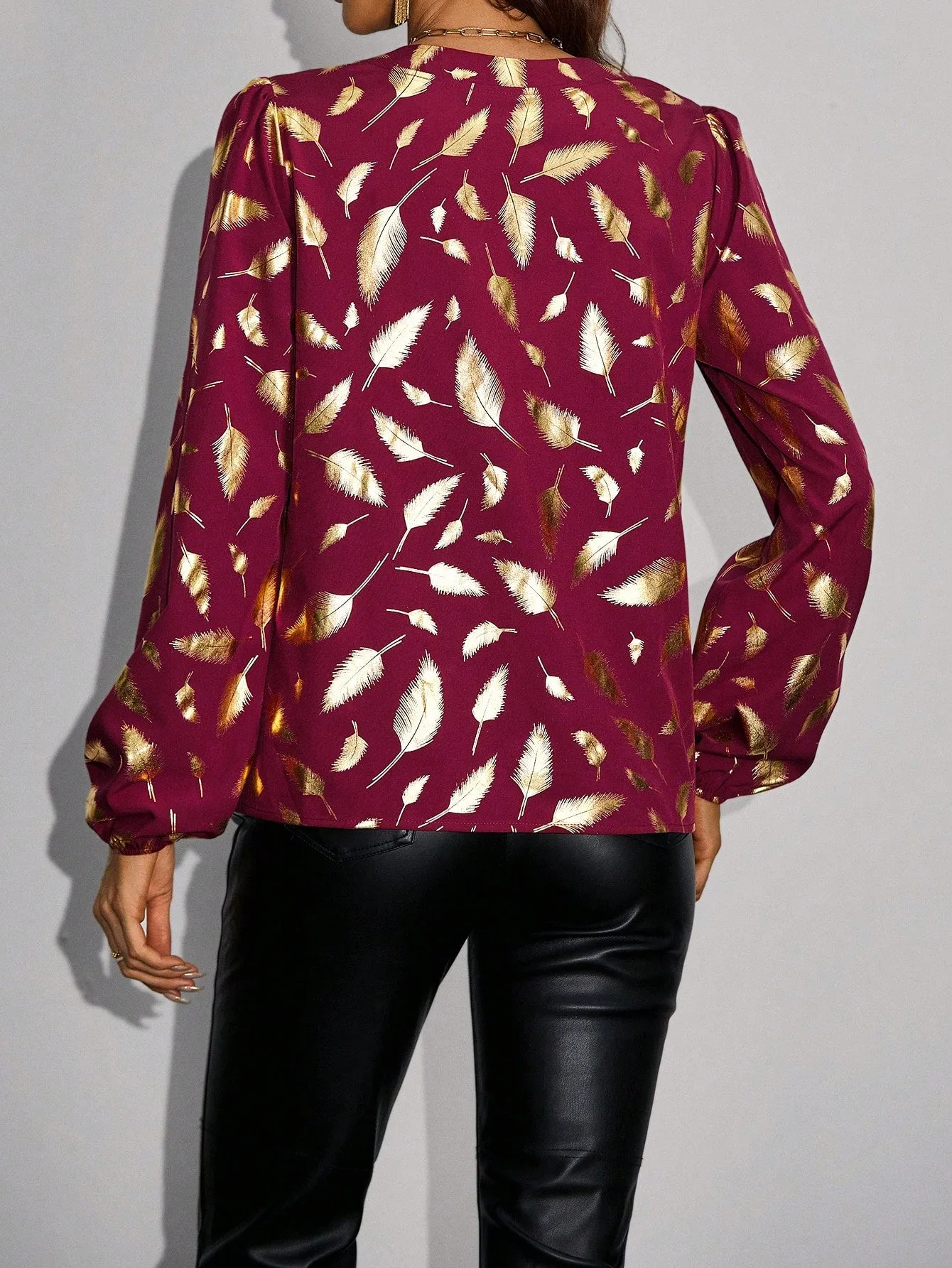 Ladies' Long Sleeve Shirt With Feather Print And Gold Foil Detail