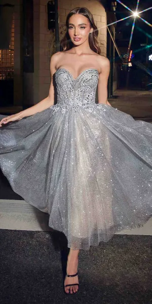 Ladivine CD871 Strapless Tea Length Glitter Dress Lace Embellished Corset Bodice