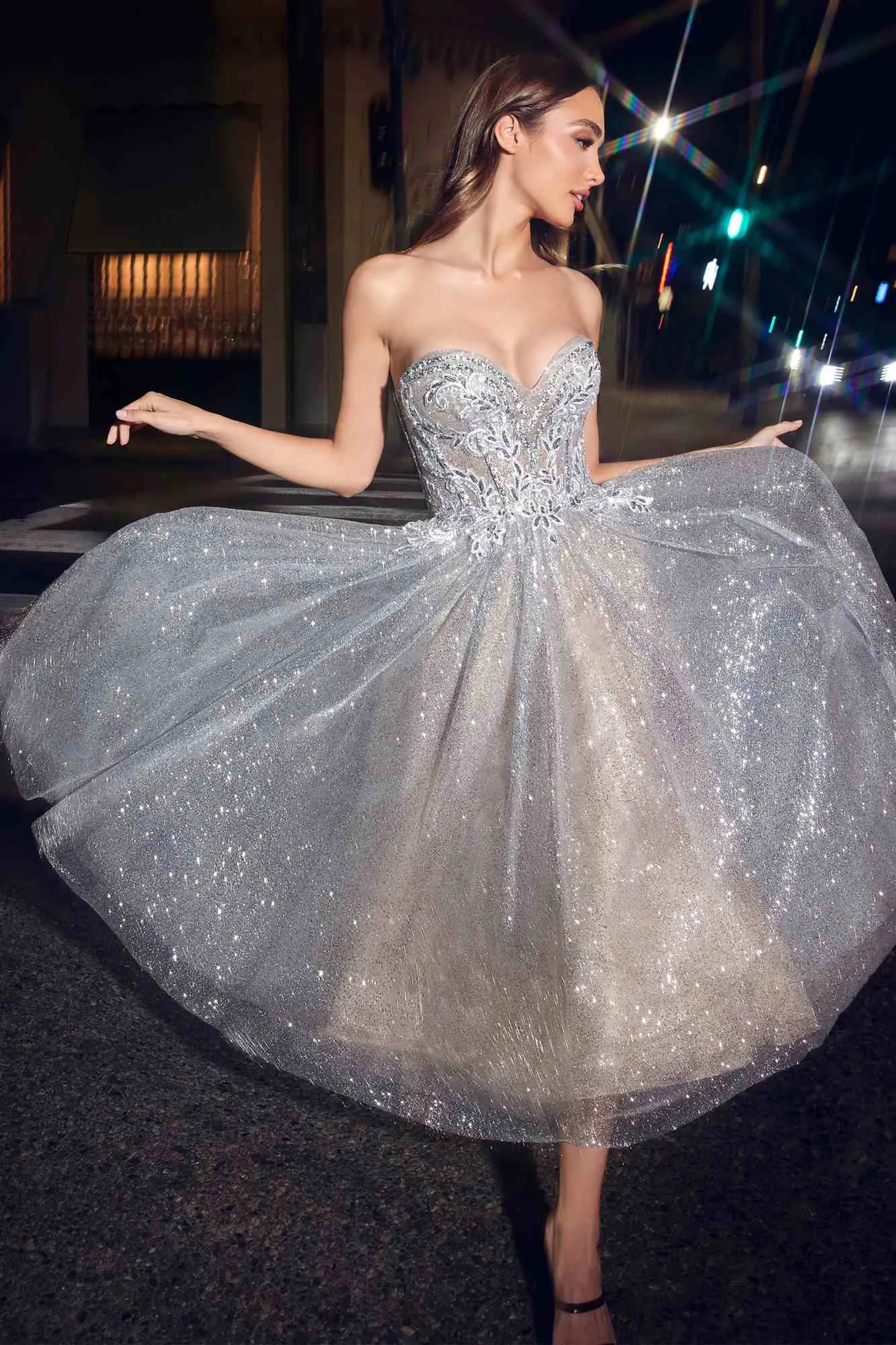 Ladivine CD871 Strapless Tea Length Glitter Dress Lace Embellished Corset Bodice