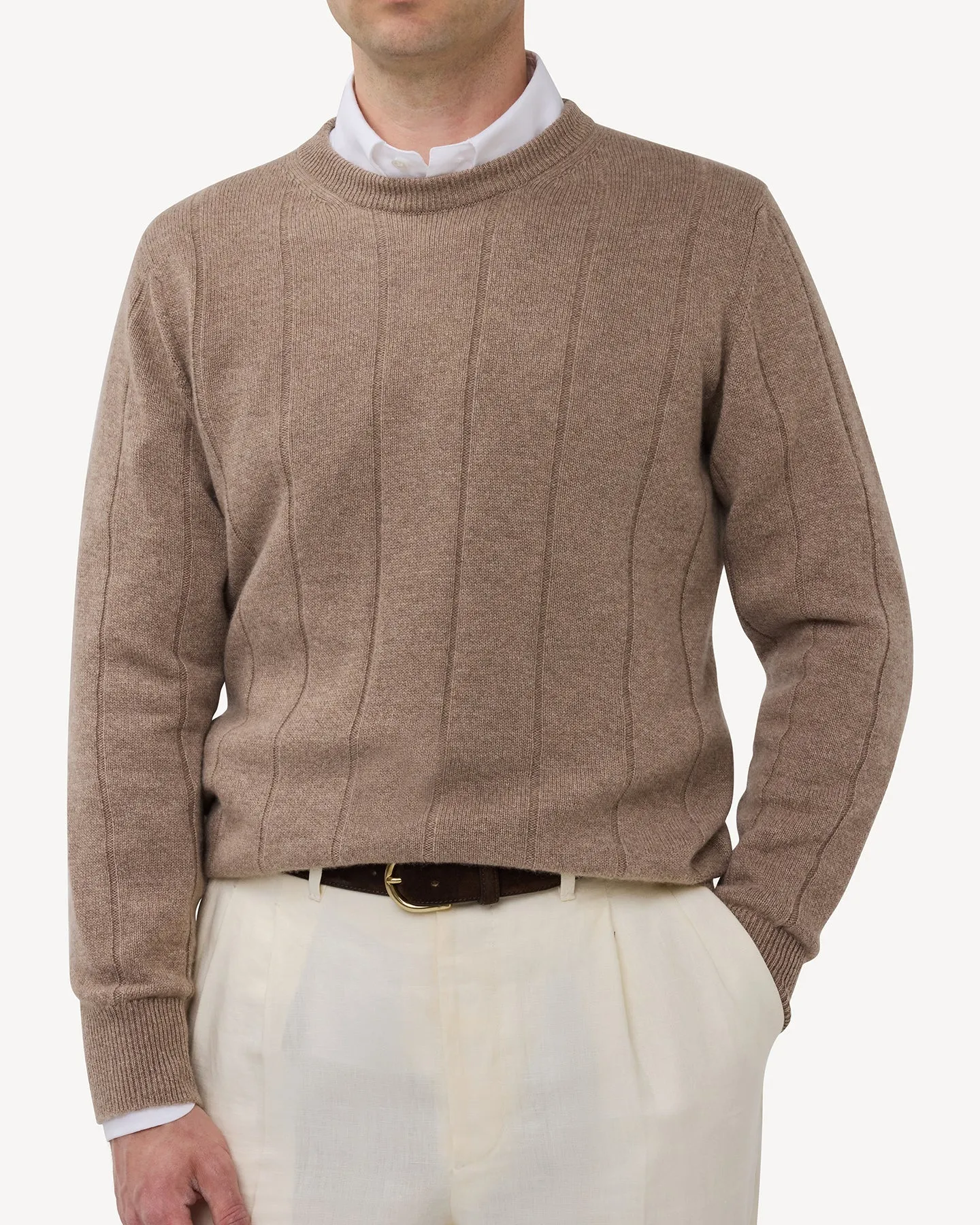 Light Brown Cashmere Cotton Wide Rib Crew Neck